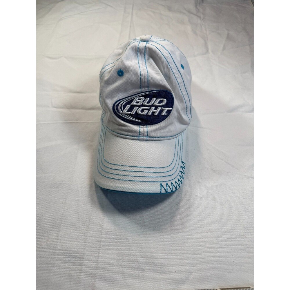 Bud Light Beer Hat Baseball Cap White Blue Stitch Embroidery Adjustable Adult Si